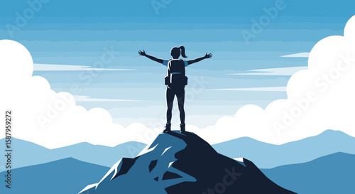 Silhouette of a woman on a mountaintop, arms outstretched, celebrating success.