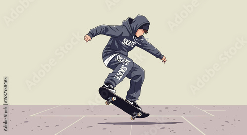 A skater wearing a hoodie and sweatpants performs a trick on a skateboard, mid-air, against a neutral background.