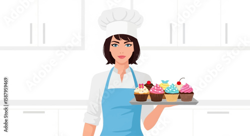 Confident female baker proudly presents a tray of assorted delicious cupcakes in a bright kitchen.