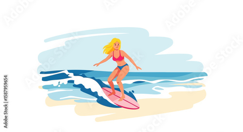 Young woman surfing a wave on a summer day at the beach.