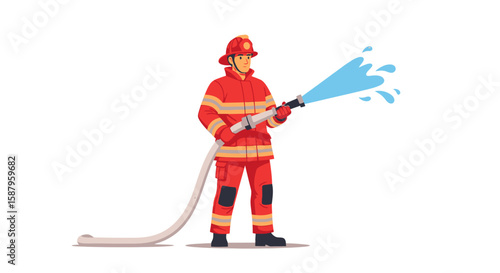 Firefighter bravely battling blaze, water hose, courageous action, emergency response.