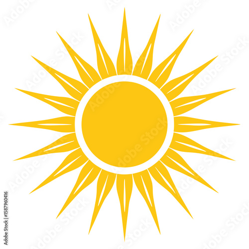 A bold silhouette of a sun with rays, a symbol of light, warmth, and energy.