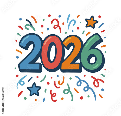 Colorful 2026 Celebration Illustration with Confetti and Stars