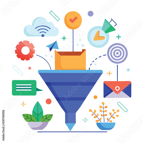 Digital marketing and sales funnel visualization representing strategy and process of converting potential customers to buyers and achieving the desired results.
