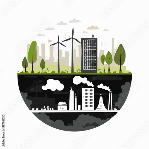 Black and white flat vector of two contrasting panels: one clean natural area and one polluted with trash and smoke, split design
