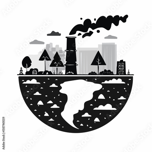 Black and white flat vector of two contrasting panels: one clean natural area and one polluted with trash and smoke, split design