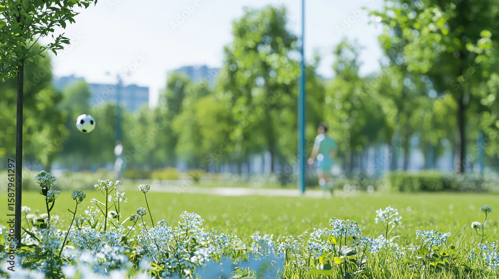 Fototapeta premium Vibrant scene of person playing soccer lush green park, surrounded by blooming flowers and trees, evokes sense of joy
