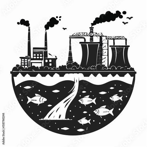 Flat vector in black and white showing industrial waste being dumped into a river, with dead fish floating around