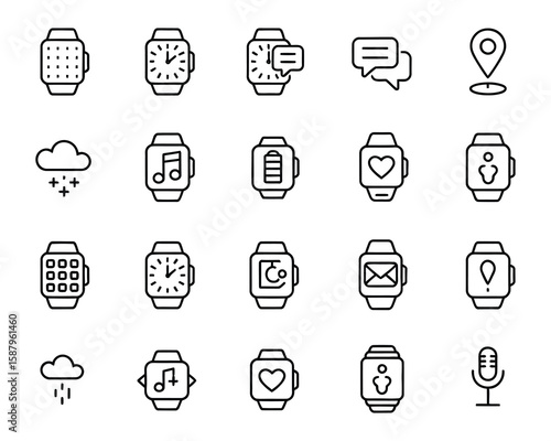 Smart Watch Vector Icon Set  Time, Apps, Notifications, GPS, Weather, Heart Rate, Chat, Mail, Music  Adjustable Line Weight
