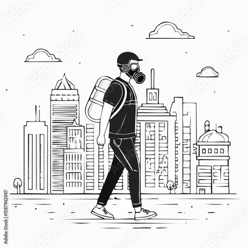 Black and white flat vector of a person wearing a gas mask walking through a polluted city, minimal lines and high contrast