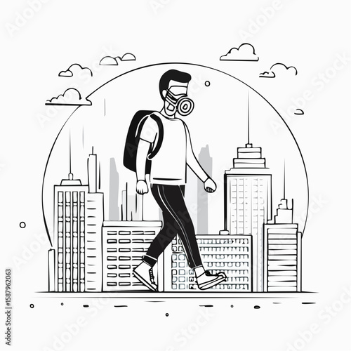 Black and white flat vector of a person wearing a gas mask walking through a polluted city, minimal lines and high contrast