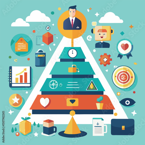 Illustration of maslow's hierarchy of needs applied as a modern marketing funnel conceptualizing business goals and personal aspirations