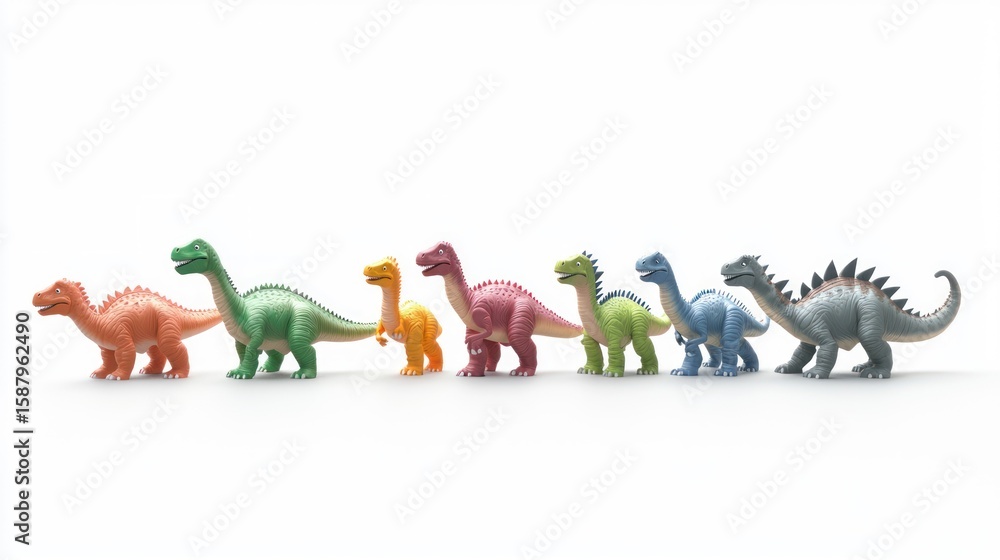 Fototapeta premium 3D rendering of toy dinosaurs in lineup on white