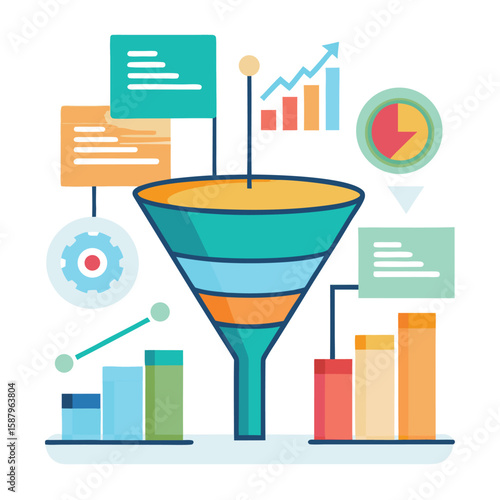 Modern and colorful illustration showcasing a business or marketing concept using data visualization and a funnel infographics structure.