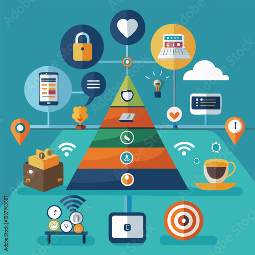 Modern business illustration depicting maslow's hierarchy integrated with marketing funnel concepts in a stylized flat design with networking and finance elements.