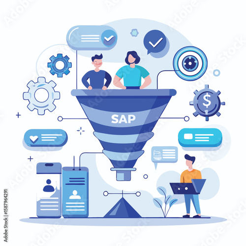 Modern illustration of sap funnel process concept with team members and additional business and technology related elements