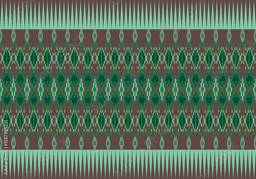 Seamless pixel fabric pattern combines green tones and brown background in a symmetrical, ornate layout. The visual rhythm and ornamental shapes reflect a vibrant cultural and artistic heritage.
