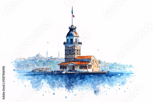 Watercolor sketch of Maiden’s Tower in Istanbul