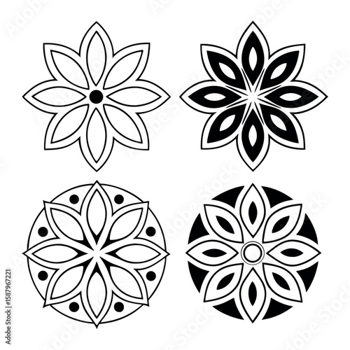 Four Black and White Floral Inspired Designs with Eight Petals and Ornaments