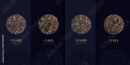 Vector set of floral circle line logos, golden spa plant design, round tea herbal labels. Beauty swirl flower icons, nature emblems.