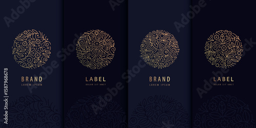 Vector set of floral circle line logos, golden spa plant design, round tea herbal labels. Beauty swirl flower icons, nature emblems.