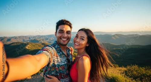 Happy couple takes a selfie atop a mountain, enjoying a scenic sunset view.
