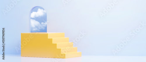 Yellow platform with ascending stair and sky view through arch window - minimalist geometric steps leading upward, cloud reflection through doorway arc above. Architecture element for presentations.