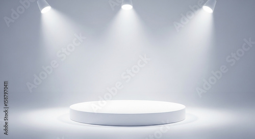 A minimalist white cylindrical podium bathed in the soft glow of three overhead spotlights creating a clean stage for presentation or display