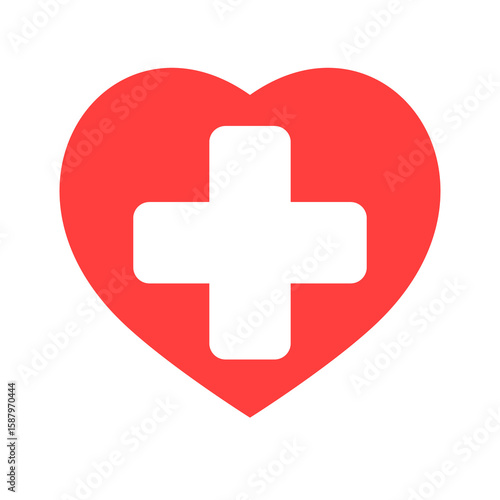 Red heart with a white medical symbol representing first aid and medical help
