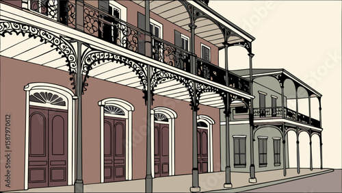 French quarter architecture new orleans building facade with wrought iron balconies and doors illustration