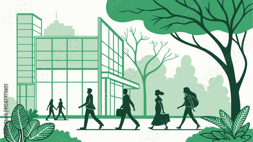 Office workers walking to work in city park near modern building with green environment illustration