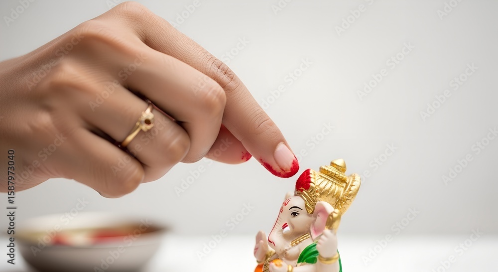 Obraz premium Woman placing red flower on idol of Lord Ganesha for Ganesh Chaturthi 