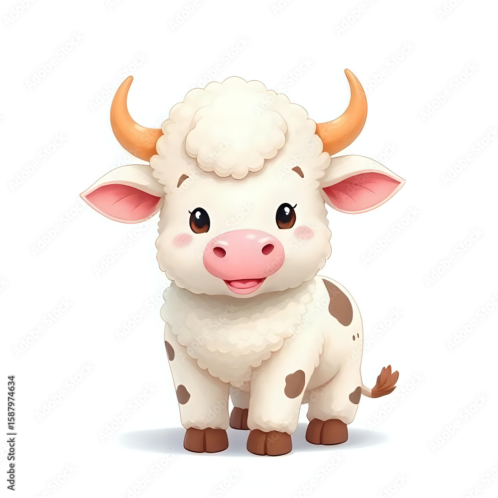Fototapeta premium Cute Fluffy Adorable Cow Isolated on White Background