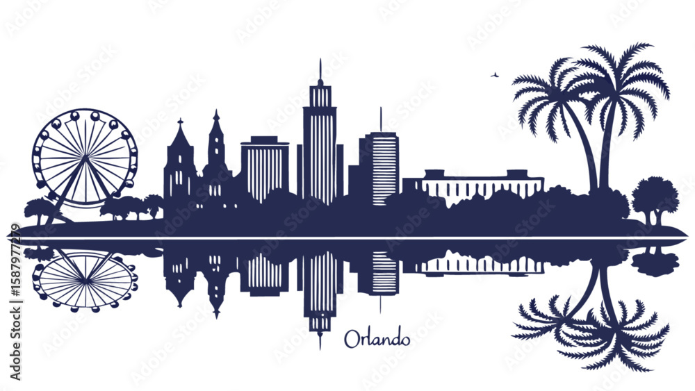 Fototapeta premium Orlando florida skyline silhouette vector illustration with reflection for travel and tourism design