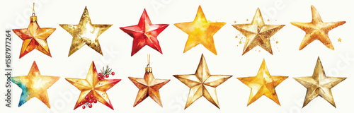 Watercolor set with stars shiny gold Christmas decoration winter starry yellow stars. New year toy collection. Festive decor, party and celebration symbol, Xmas tree top decoration