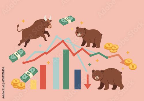 Bull and Bear Market Cartoon Illustration with Financial Graph Representing Market Fluctuations and Investment Trends