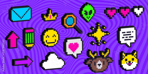 Pixel art 3d emoticon icons set - various digital elements for messaging, social media interface design. Retro gaming style graphics with chat bubbles, symbols, cute characters and communication tools