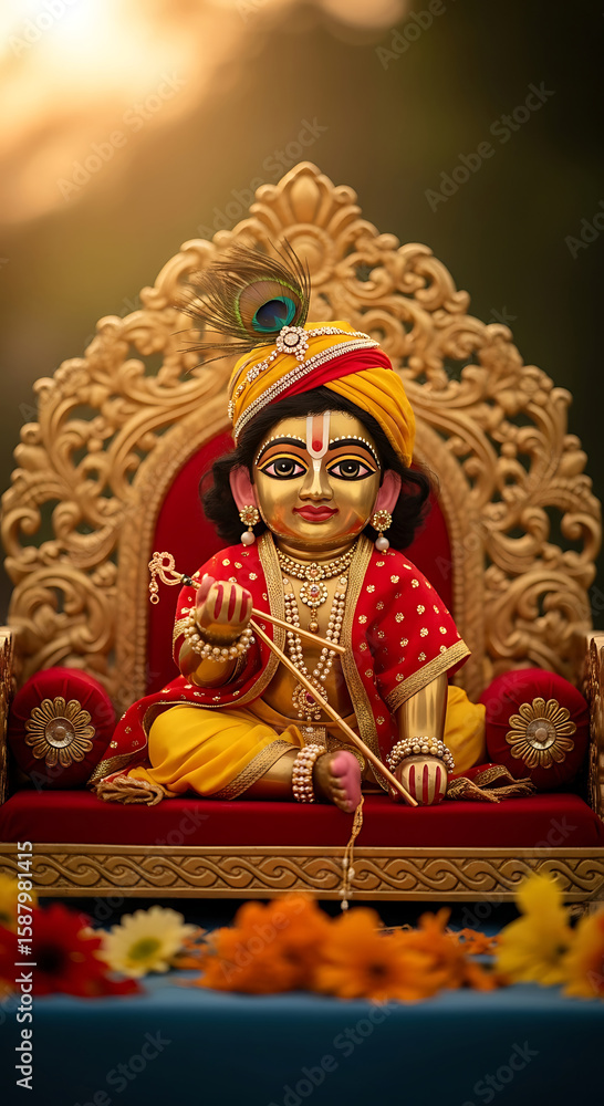 Fototapeta premium Golden Statue of Krishna on Ornate Throne with Peacock Feather