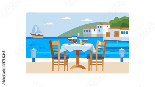 Seaside restaurant dining table with wine and ocean view for travel and vacation scene illustration
