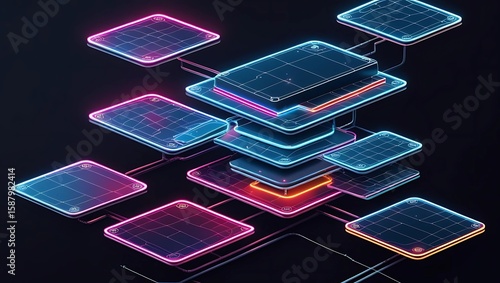 Isometric view of interconnected glowing squares and rectangles, representing a network or data flow with vibrant neon colors on a dark background.