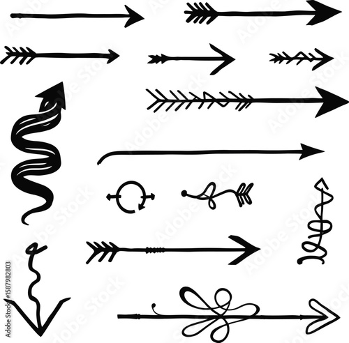 Decorative Arrow Icon Pack – Monochrome Vector Set Featuring 14 Unique Directional Symbols