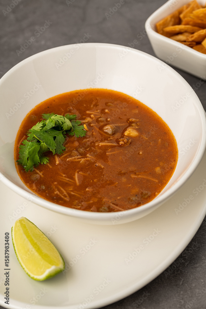 Spicy Mexican chicken soup with noodles, garnished with fresh cilantro and lime wedge Spicy Mexican chicken soup with noodles, garnished with fresh cilantro and lime wedge