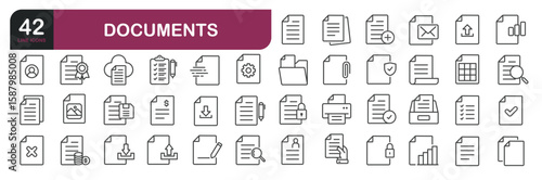 Set of line icons related to document, file, legal document. Outline icons collection. Editable stroke