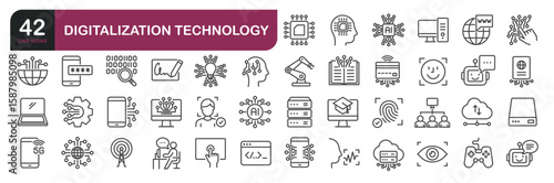 Set of line icons related to technology, digitalization, information technology. Outline icons collection. Editable stroke