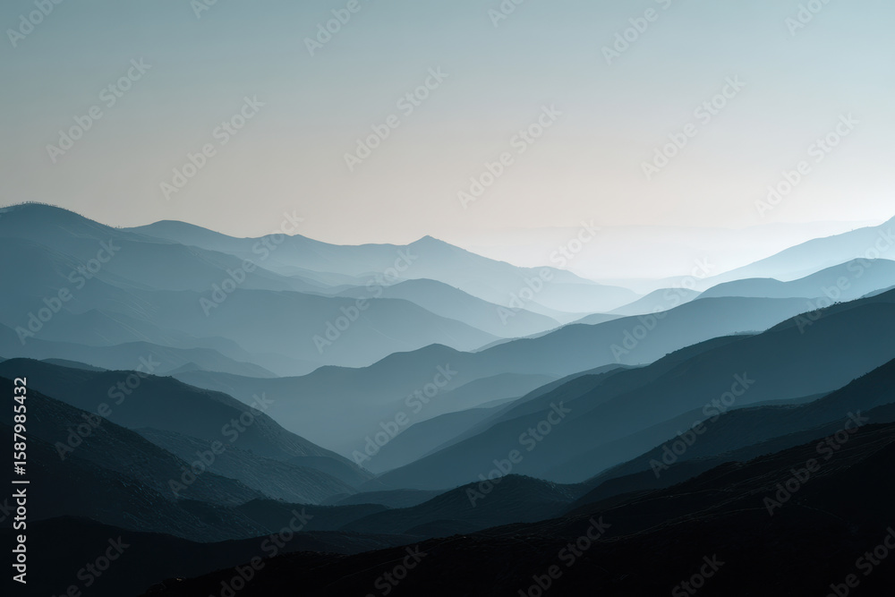 Fototapeta premium Misty mountain landscape with layered hills, soft blue tones, and serene atmosphere evokes tranquility and peace
