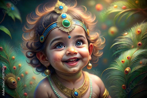 Adorable baby krishna with sparkling blue eyes surrounded by peacock feathers