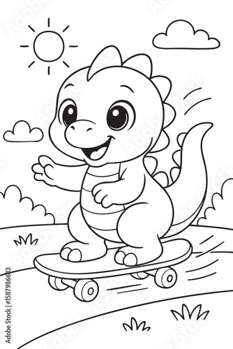 Black and white line drawing of a smiling baby dinosaur riding a skateboard on a path. Simple coloring book page for kids with cartoon character and sunny background. 