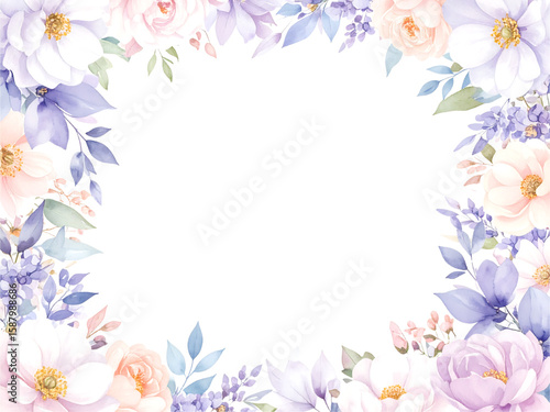 Watercolor floral border featuring pastel roses, leaves, and delicate blossoms, framing white space.