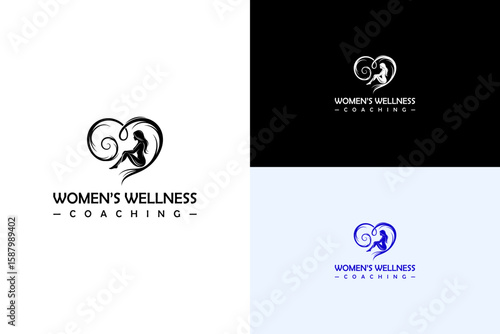 heart with a silhouette of a woman seated inside vector illustration, logo for women's wellness coaching, female therapy, feminine wellness, women's support, emotional health, and more
