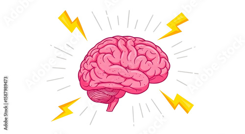Cartoon brain with lightning bolts and white lines on a black background transparent background , no background
